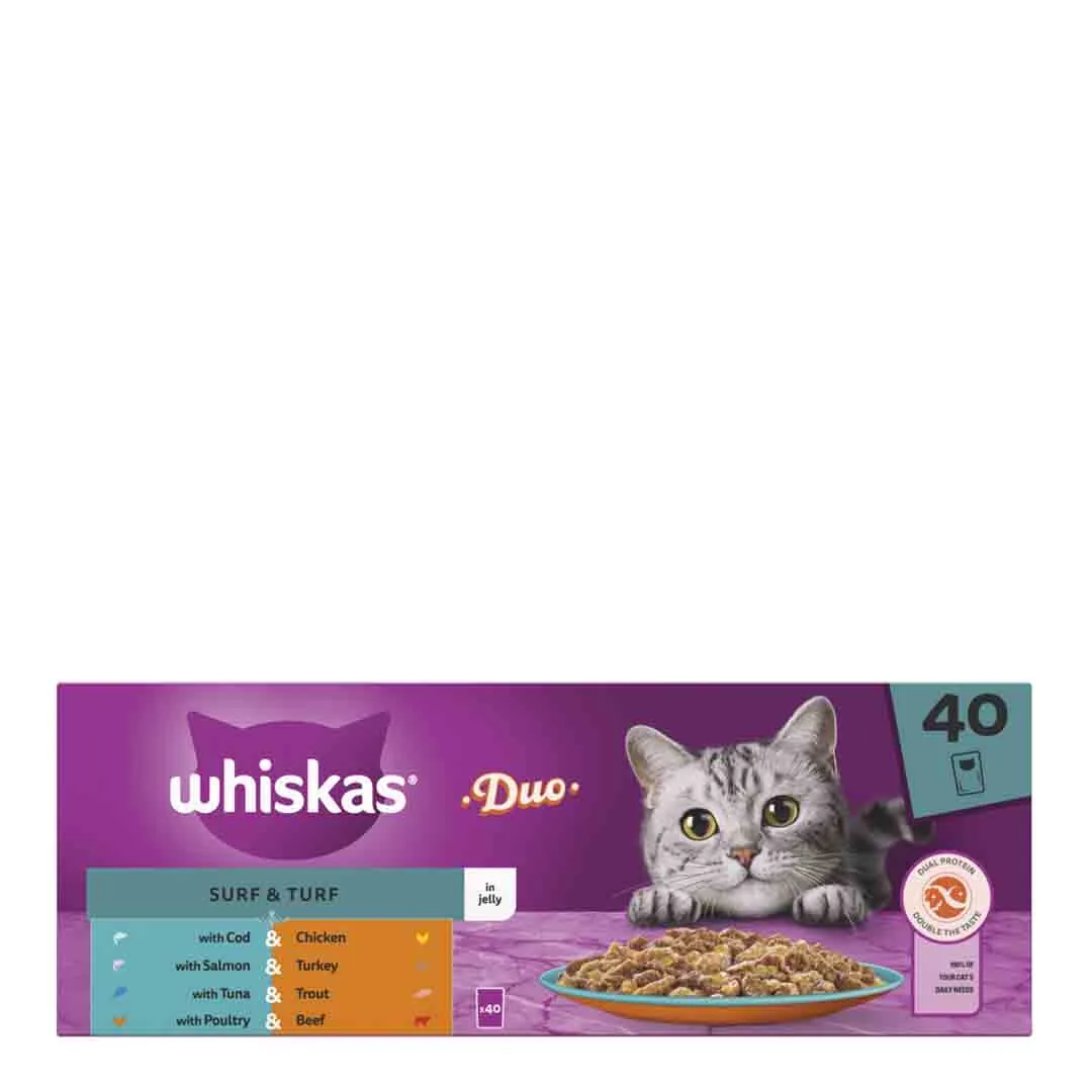 Whiskas Duo Surf & Turf In Jelly 1+ Adult Wet Cat Food Pouches, 40 X 85g